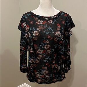Free People Floral Ruffle Detail Black Blouse Top Size XS